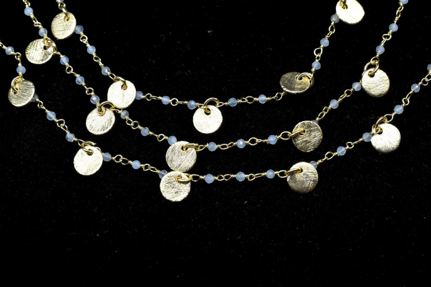 Aqua chalcedony 2mm Beaded & Circle Charm Chain,Aqua Chaledony Rosary Chain,Gold Plating Wire Wrap Chains,charms chains,Jewelry Making Chain