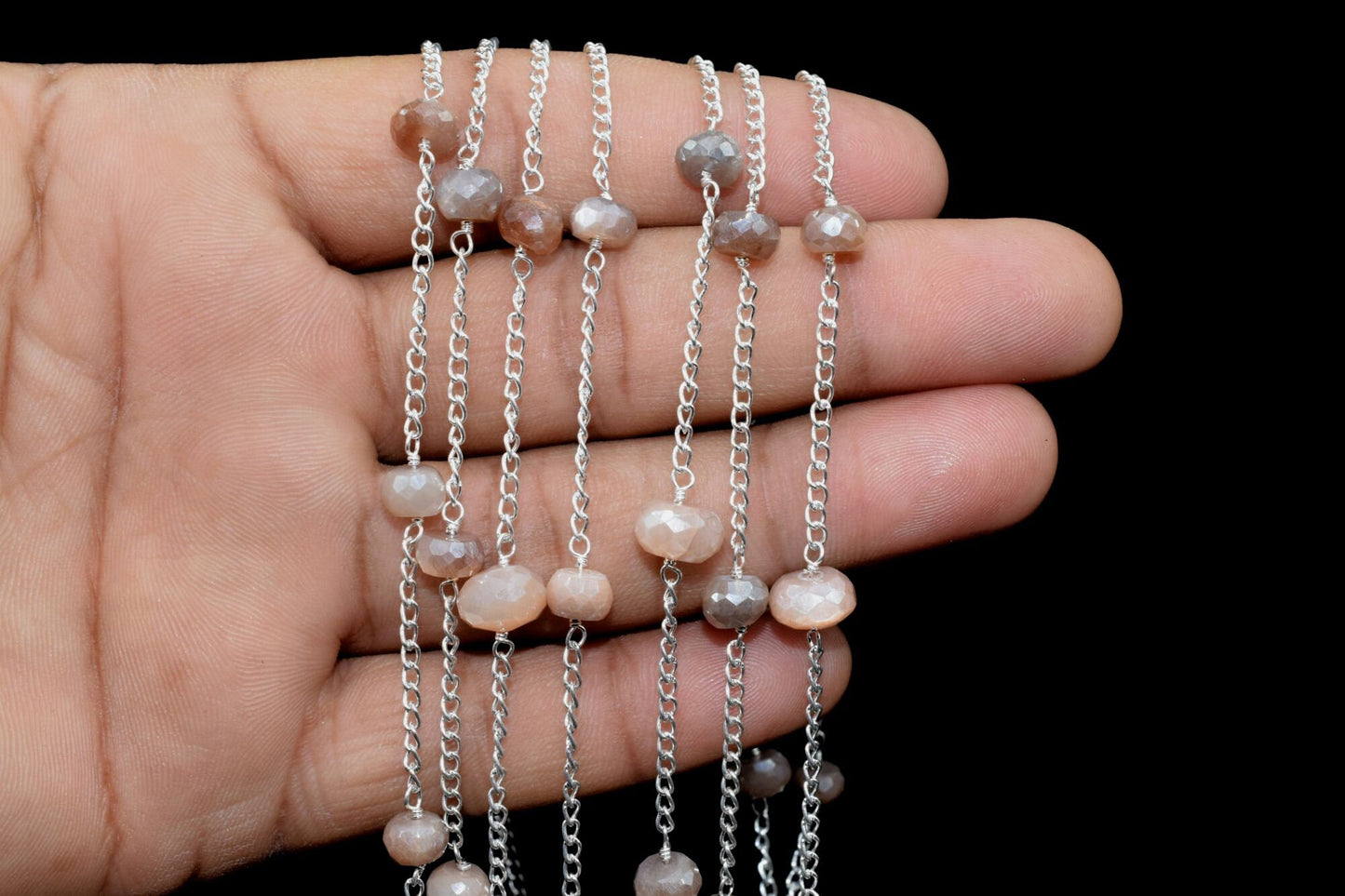 Peach Moonstone Coted Beads Rosary,Silver Plated,Wire Wrapped link Stone Rosary Chain,Bead Supplies,Craft Supply Rosary,Handmade Beads Chain