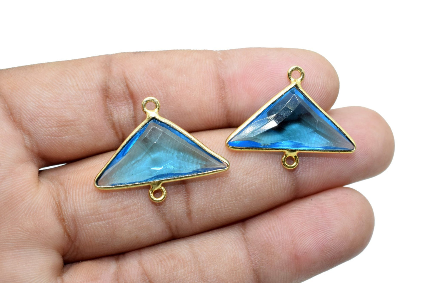 London Blue Topaz 12x25mm Triangle shape double Bail connectors,Gold Plated bezel,Topaz Pendant,Blue Topaz double loop connector,fancy Topaz