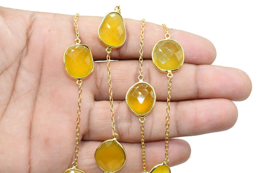 Yellow Chalcedony Bezel Connector Chain,Free Size Faceted Gemstone Connector Chains,Handmade Bezel Link Chains,Gold Plated Bezel Link Chains