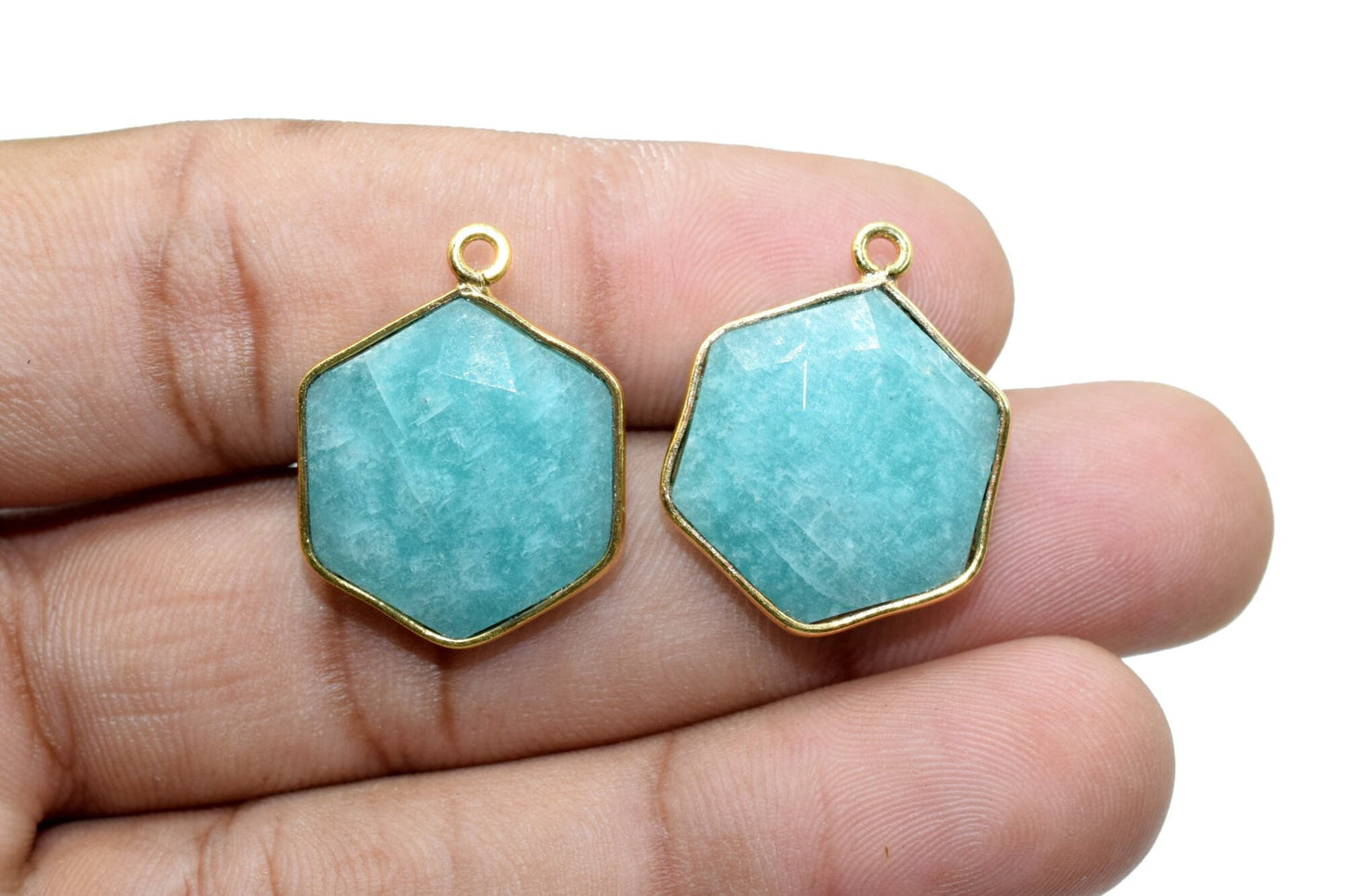 Amazonite 16mm Hexagon Shape Pendant,Gold Plated Single Bail Gemstone Connector,Faceted Hexagon Shape Gemstone Bezel,Hexagon Charm Pendants