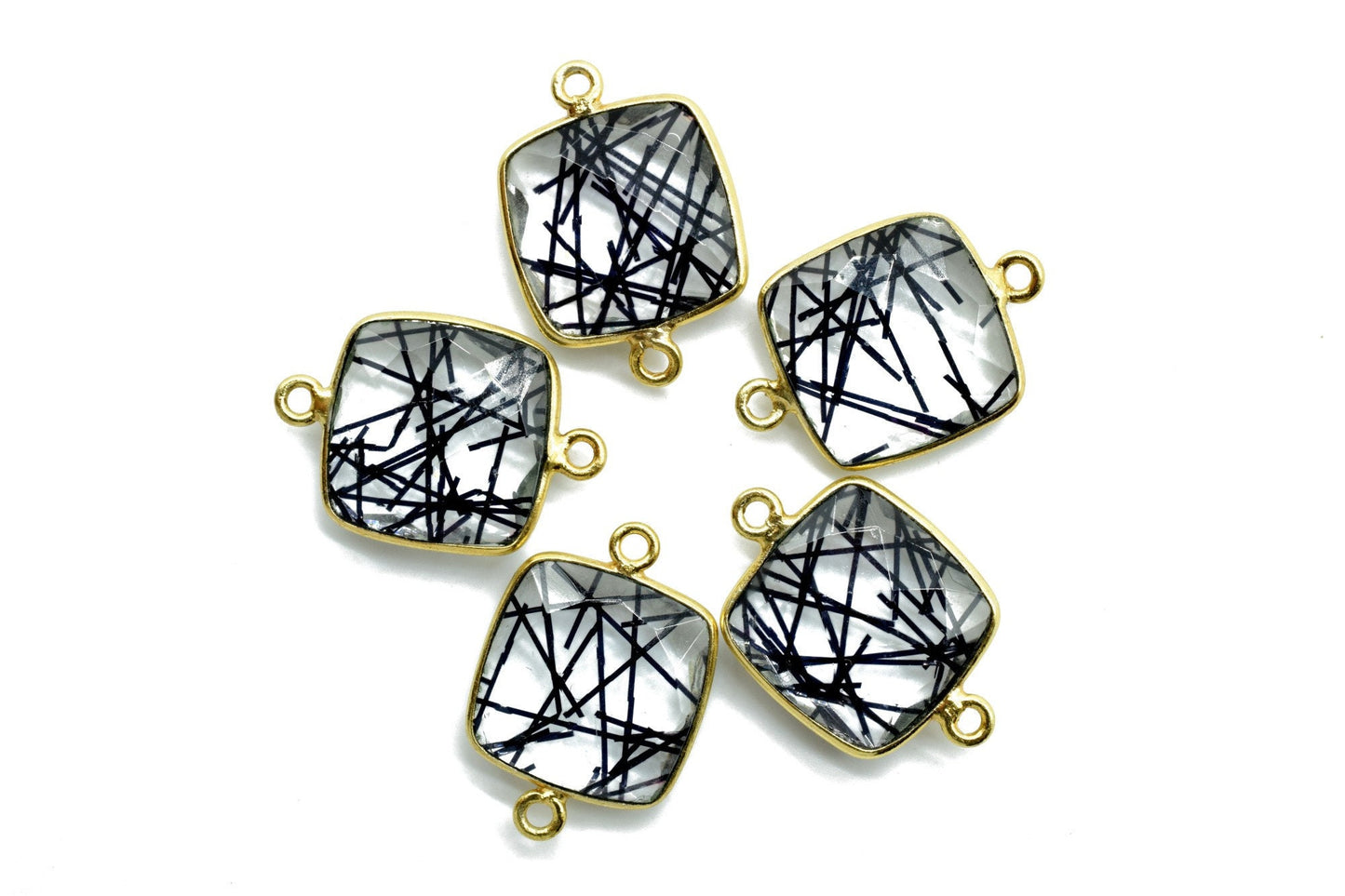 Black Rutile 14mm Cushion double bail connectors,Black Rutile Components, Cushion dual loop Connectors,Black Rutile Brass Gold Edge Jewelry