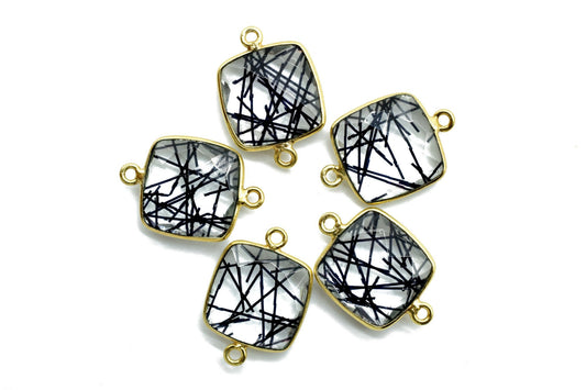 Black Rutile 14mm Cushion double bail connectors,Black Rutile Components, Cushion dual loop Connectors,Black Rutile Brass Gold Edge Jewelry