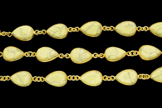 Yellow Howlite Gemstone 8x12mm Teardrop Shape Chain,Howlite Bead Handmade Station Connector,Yellow Howlite Gold Plating Connector Link Chain