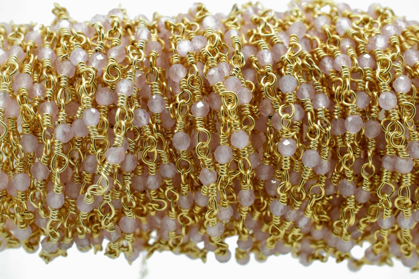 Rose Quartz 2mm Beaded Chain,Rose Quartz Rosary,Gold Plated Wire Wrap Chain,Brasschain,Jewelry Making Chain,Rosary,Rose Quartz vermeil chain