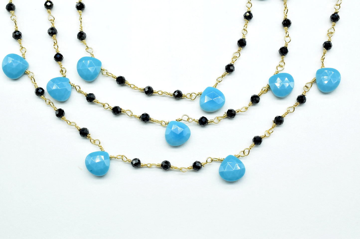 3-3.5 mm Black  Rosary Chain,Black Onyx Faceted Beaded Chain,Wire Wrapped Silver Plated Chain,turquoise briolette rosary ,dual gemstone ,