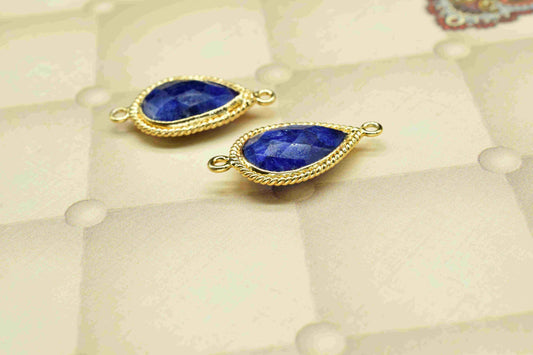 Blue Sapphire 9x13mm Pear Shape Charm,Double Bail Connector,Bezel Charms,Sapphire Pear Shape Bezel Connector Gold Plated,Sapphire Connectors
