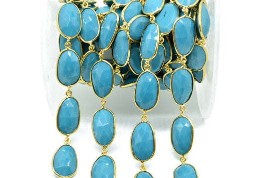 Blue Turquoise Bezel Connector Chain,Turquoise Free form Size Connector Chain,Turquoise Handmade Bezel Link Chain,Gold Plated Bezel  Chain