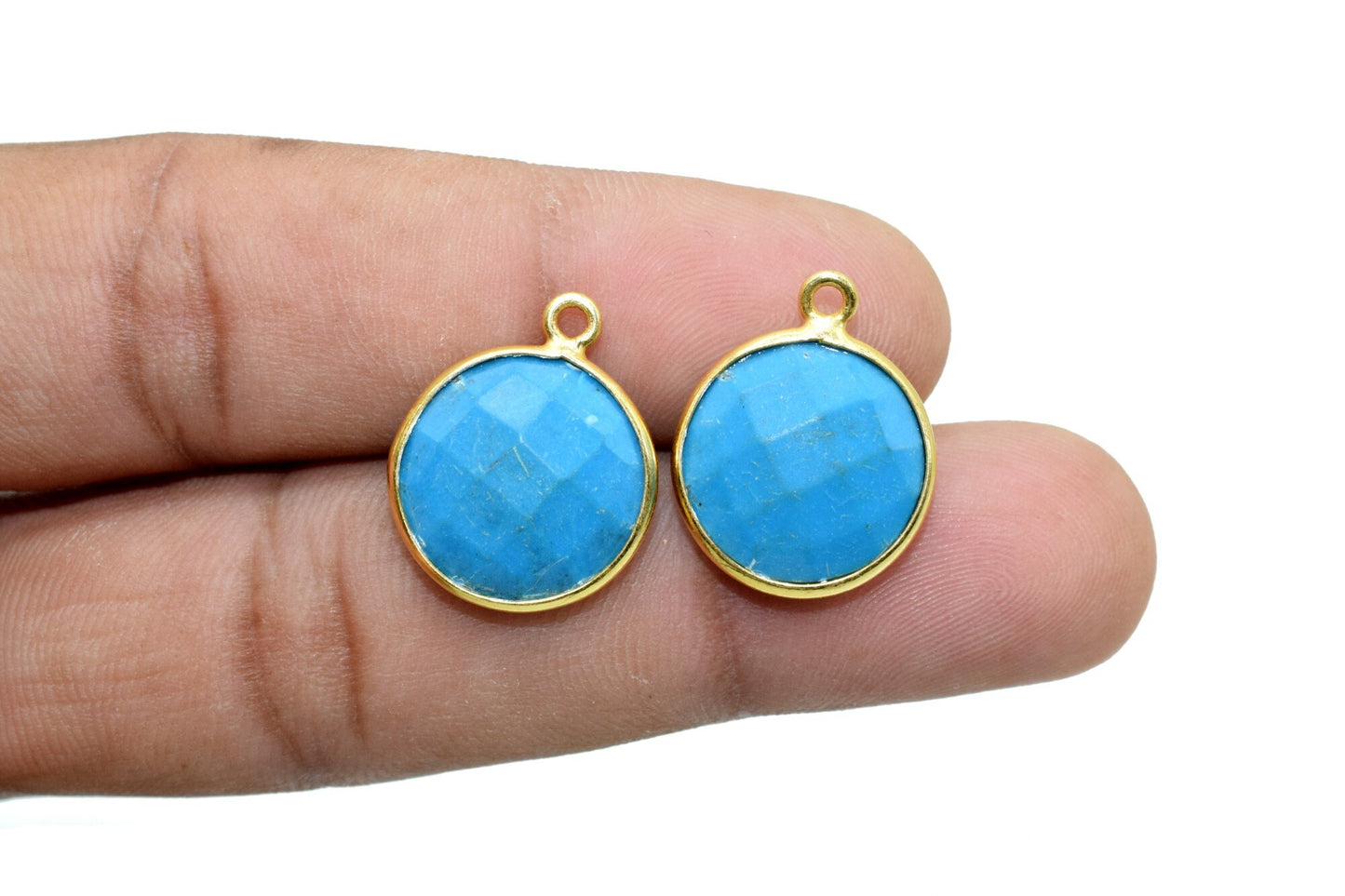 Natural Turquoise 14mm Round Single bail connectors,Turquoise Pendant,Faceted Turquoise bezel link,Gemstone Charm,Gemstone Pendant, charms