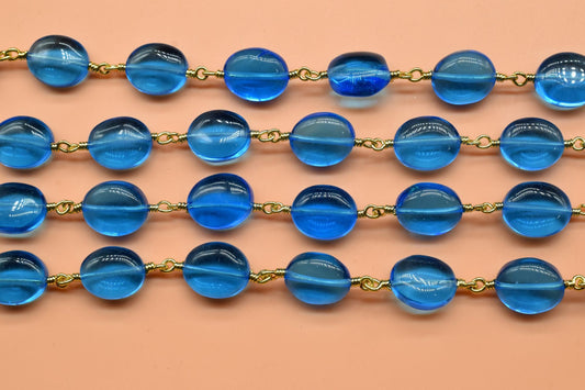 Blue Topaz Oval Shape Rosary,Blue Topaz Oval Beaded Chain,Topaz Wire Wrapped Rosary,Blue Topaz Briolette Beads,Rosary Chain Gold Plated Wire