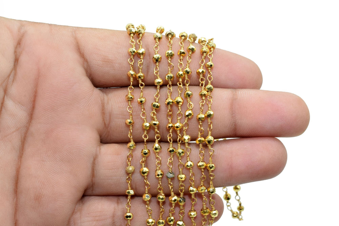 Gold Pyrite 3mm Beaded Chain,Pyrite Wire Wrapped Chain,Pyrite Brass chain,Pyrite Jewelry Making Chain,Pyrite Beads rosary chain,Gold Pyrite