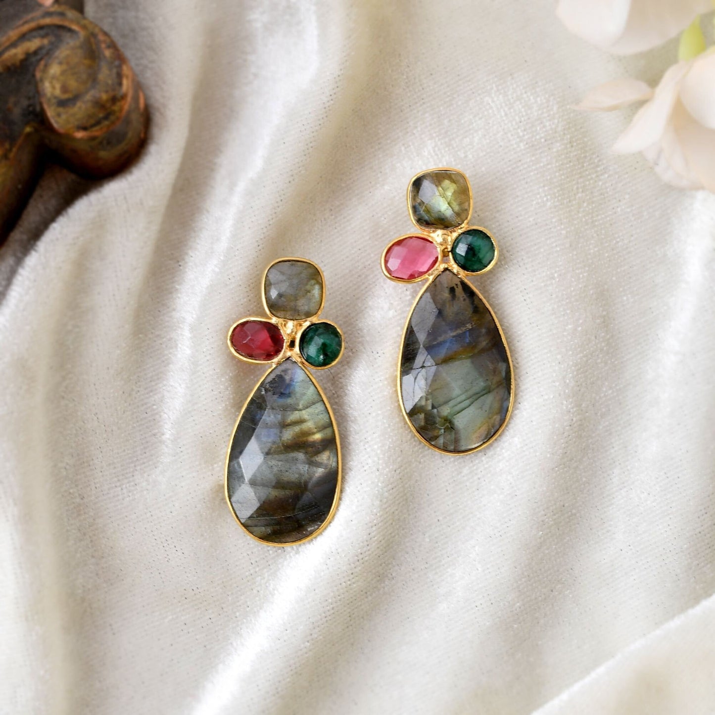 Gemstone Labradorite Earring/Handmade Earring/Multi Stone Earring/Pink Tourmaline Earring/Emerald Earring/Bridesmaid jewelry/Women Earring