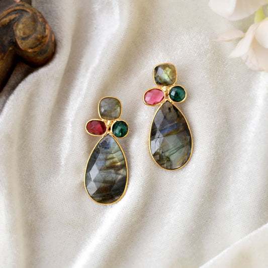 Gemstone Labradorite Earring/Handmade Earring/Multi Stone Earring/Pink Tourmaline Earring/Emerald Earring/Bridesmaid jewelry/Women Earring