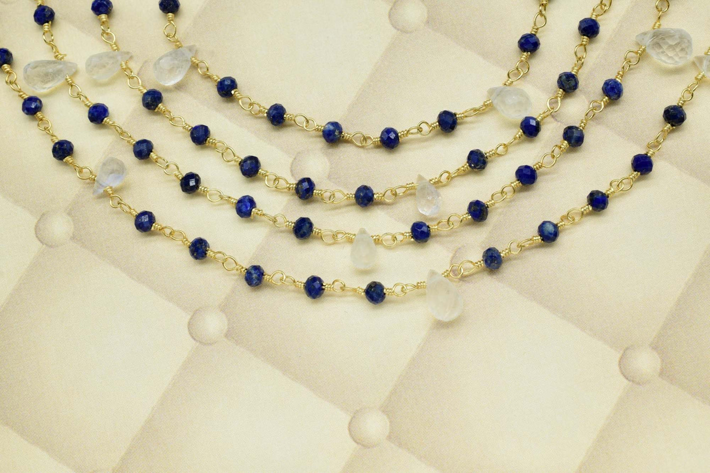 Natural lapis Wire Wrapped Beaded Chain 3mm Approx , moonstone drop Wire Wrapped Rosary Chain, gemstone rosary,gold plated rosary drop,