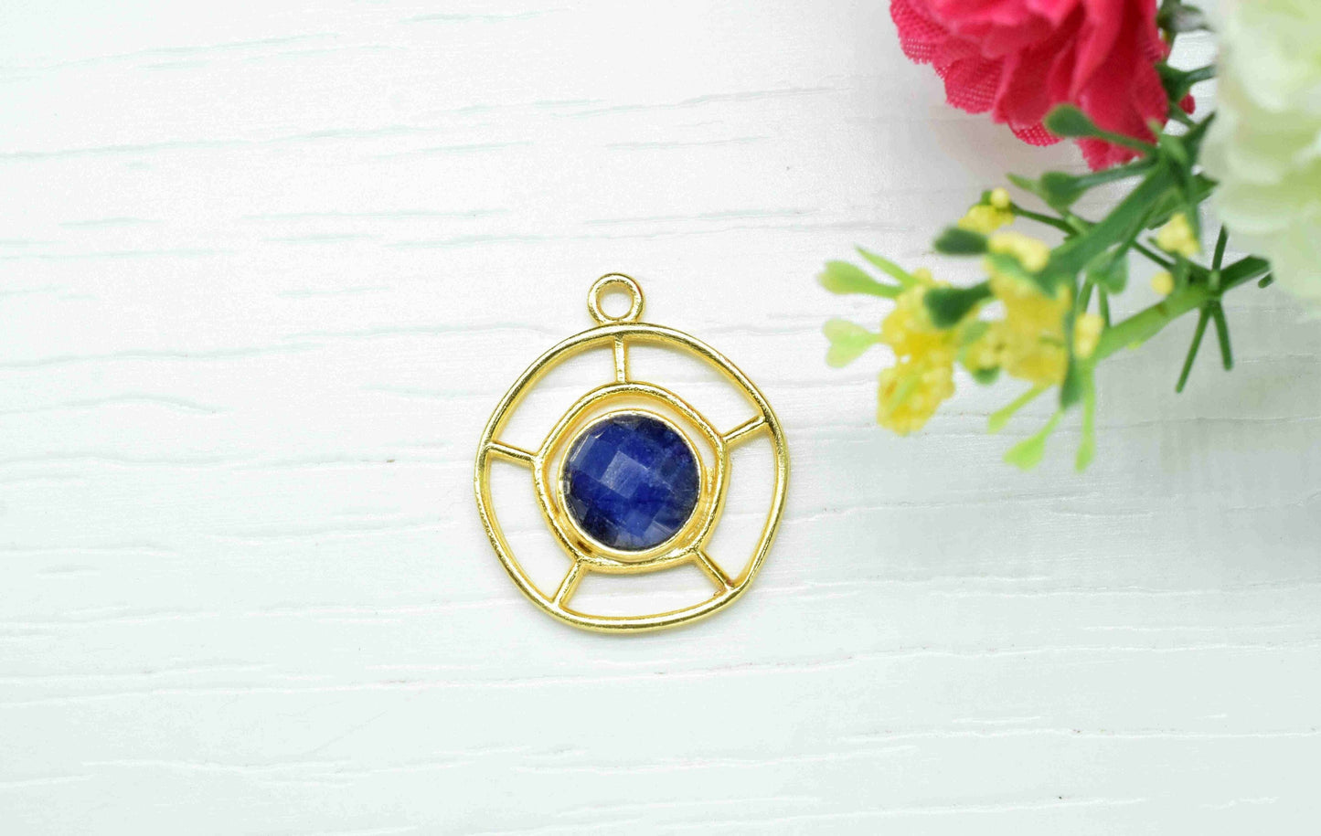 Sapphire Gemstone Component, Single Bail Charm , Sapphire Connector Pendant , Gold Plated Connectors , Earring Component , B'day Gift