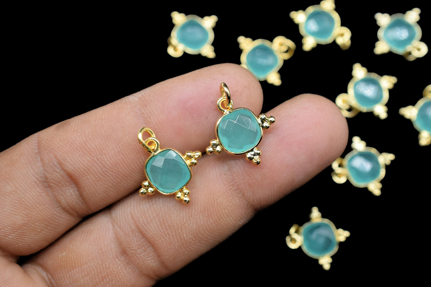 Aqua Chalcedony 8mm Cushion Bezel charm/Station Bezel Link Supplies/Aqua Chalcedony Jewelry Making/Square Pendant/Gemstone Connector Pendant
