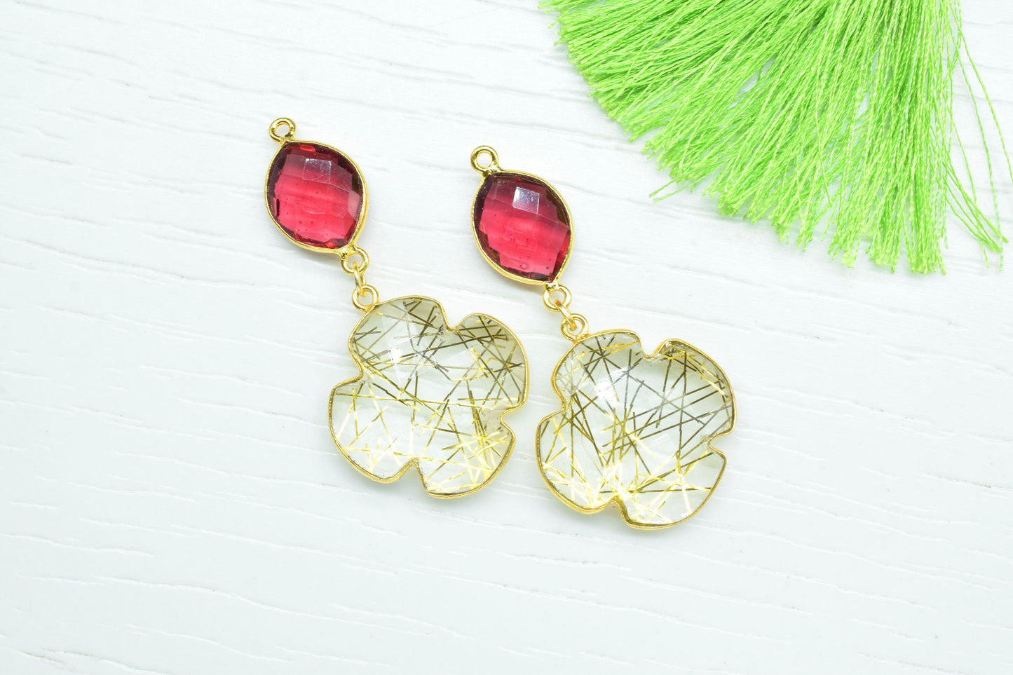 Pink Tourmaline Dangle Component pendant,Multi Stone Dangle Earring,Clover Shape Pendants,Gold Rutile pendant Charms,Gemstone Bezel pendant