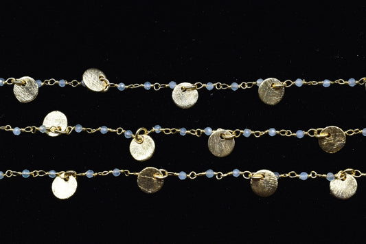 Aqua chalcedony 2mm Beaded & Circle Charm Chain,Aqua Chaledony Rosary Chain,Gold Plating Wire Wrap Chains,charms chains,Jewelry Making Chain