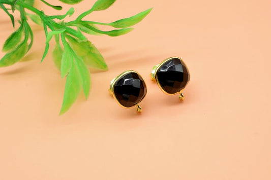 10mm Cushion Shape Earring Connector,Black Gemstone Ear Post Studs,Black Onyx Earring Connectors,DIY Jewelry Making Supply,Cushion Connector