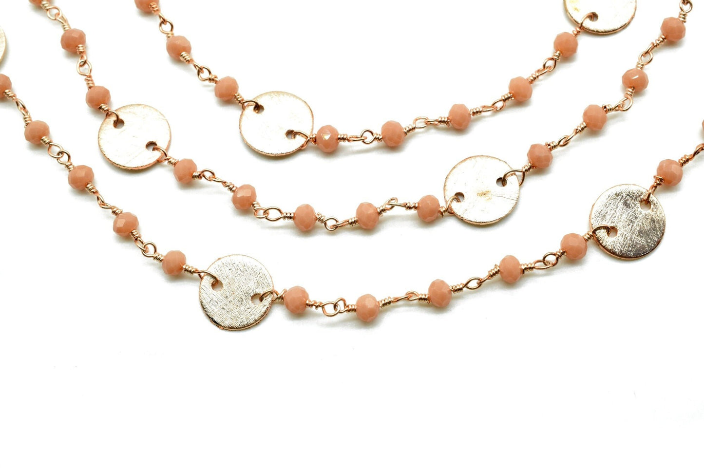 Peach Agate 3mm Beaded Chain,Peach Agate Rosary Chains,Peach Agate Gold Plating Wire Wrap Chain,Brass chain Jewelry,circle charms chain,