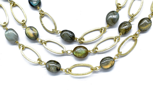 Labradorite Bezels Connector Chain, Jewelry making Supplies,Labradorite Faceted Nuggets Brass Gold Plated Wire Wrap Chain By the Foot