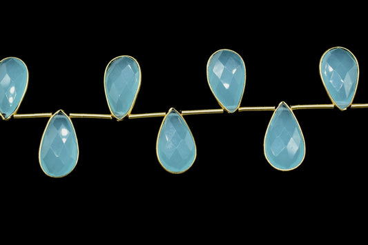 Aqua Chalcedony Side to Side Drilled chrams,Faceted Teardrop Gold Bezel ,pendant,earring findings,connector,Gemstone drilled bezel strand