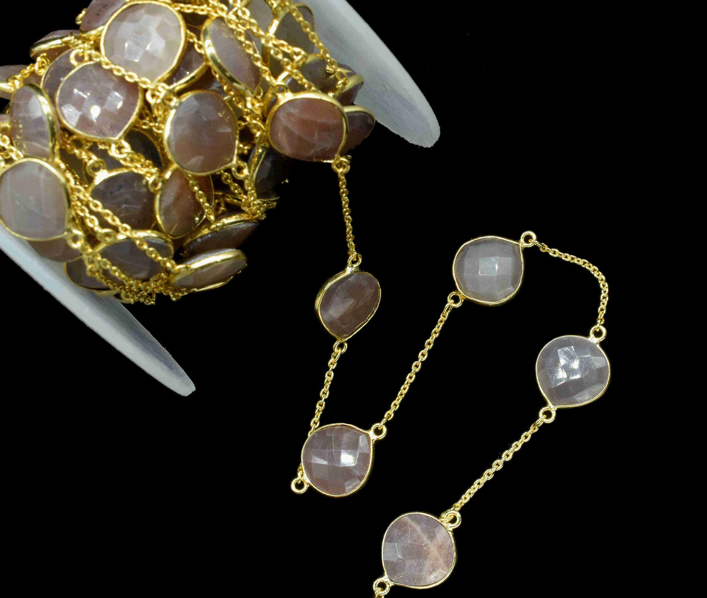 Peach Moonstone 12mm Heart Shape Bezel Chain,Peach Moonstone Connectors Link Chain,Handmade Bezel Link Chain,Gold Plated Bezel Link Chain