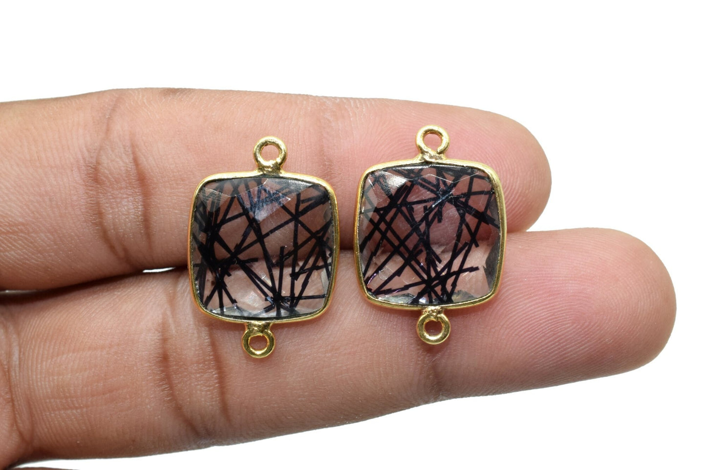 Black Rutile 14mm Cushion double bail connectors,Black Rutile Components, Cushion dual loop Connectors,Black Rutile Brass Gold Edge Jewelry