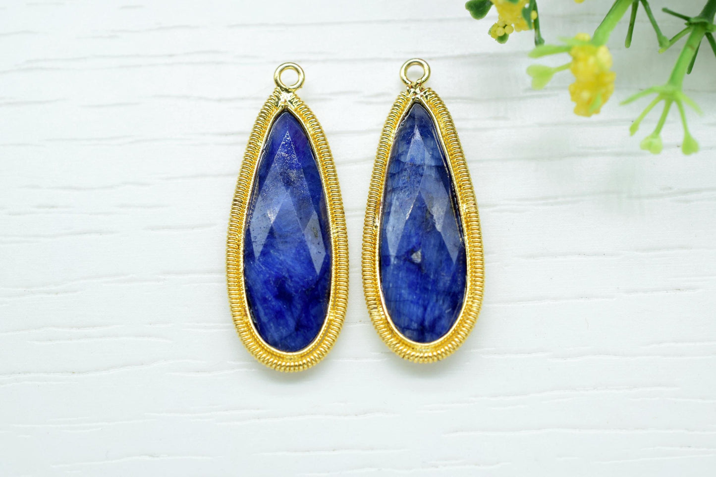 Blue Sapphire 10x30mm Charms,Gemstone Bezel connector,Single Bail Pendant Charm,Handmade pendant Jewelry,Teardrop Charms connector,Gift