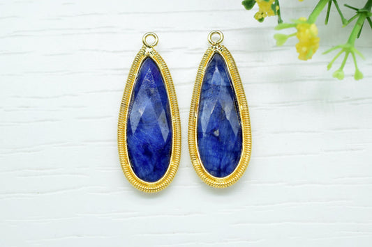 Blue Sapphire 10x30mm Charms,Gemstone Bezel connector,Single Bail Pendant Charm,Handmade pendant Jewelry,Teardrop Charms connector,Gift