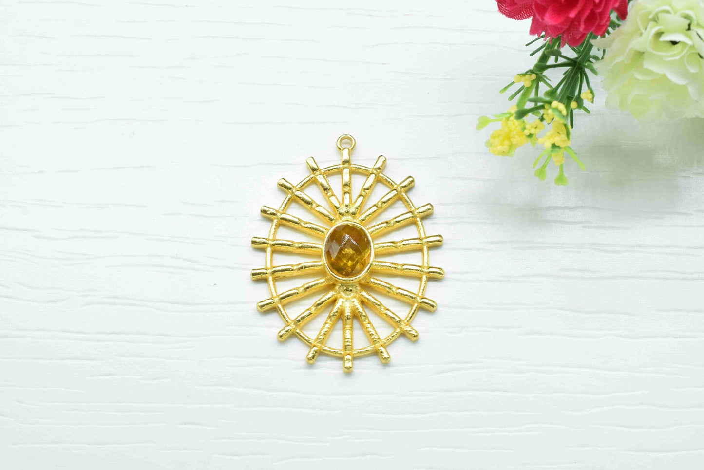 Citrine  Gemstone Component Single Bail Charm, Citrine Connector Pendant ,Finding Gold Plated Connectors ,Pendant Jewelry, Earring Component