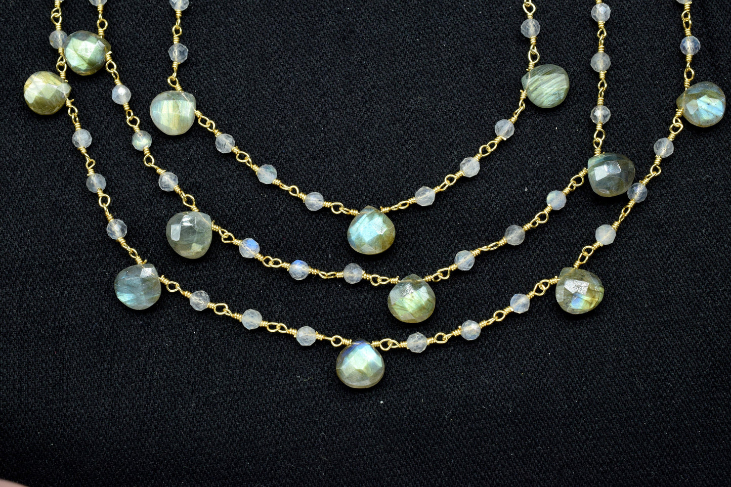 labradorite 3mm Rosary Beaded Chain,Labradorite Heart Shape Rosary Chain,Sold By Foot,labradorite briolette beaded chain,labradorite chain