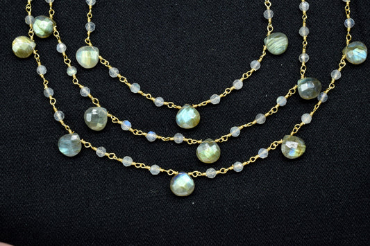 labradorite 3mm Rosary Beaded Chain,Labradorite Heart Shape Rosary Chain,Sold By Foot,labradorite briolette beaded chain,labradorite chain