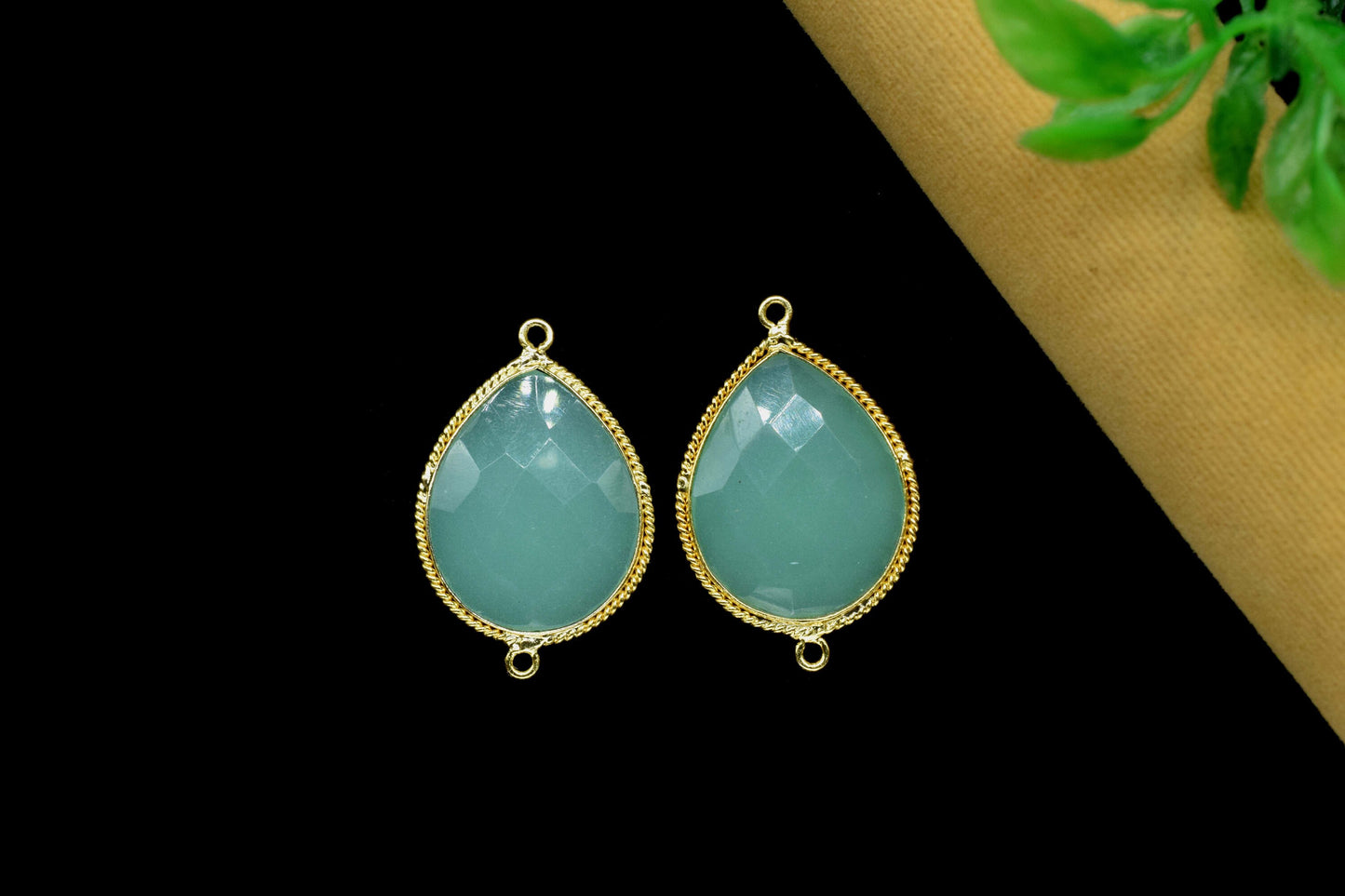 Aqua Chalcedony 18x23mm Pear Shape Gold Plating Bezel,Aqua Chalcedony Faceted Bezels Charms,Aqua chalcedony Double Bail Charms Jewelry,Gift