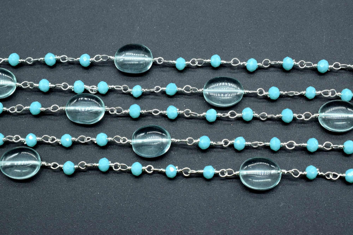 Natural Sky Topaz Smooth Oval Rosary Style Beaded Chain,Gold Plated Wire Wrapped Chain,Gemstone Linked Handmade Chain,Jewelry Making,