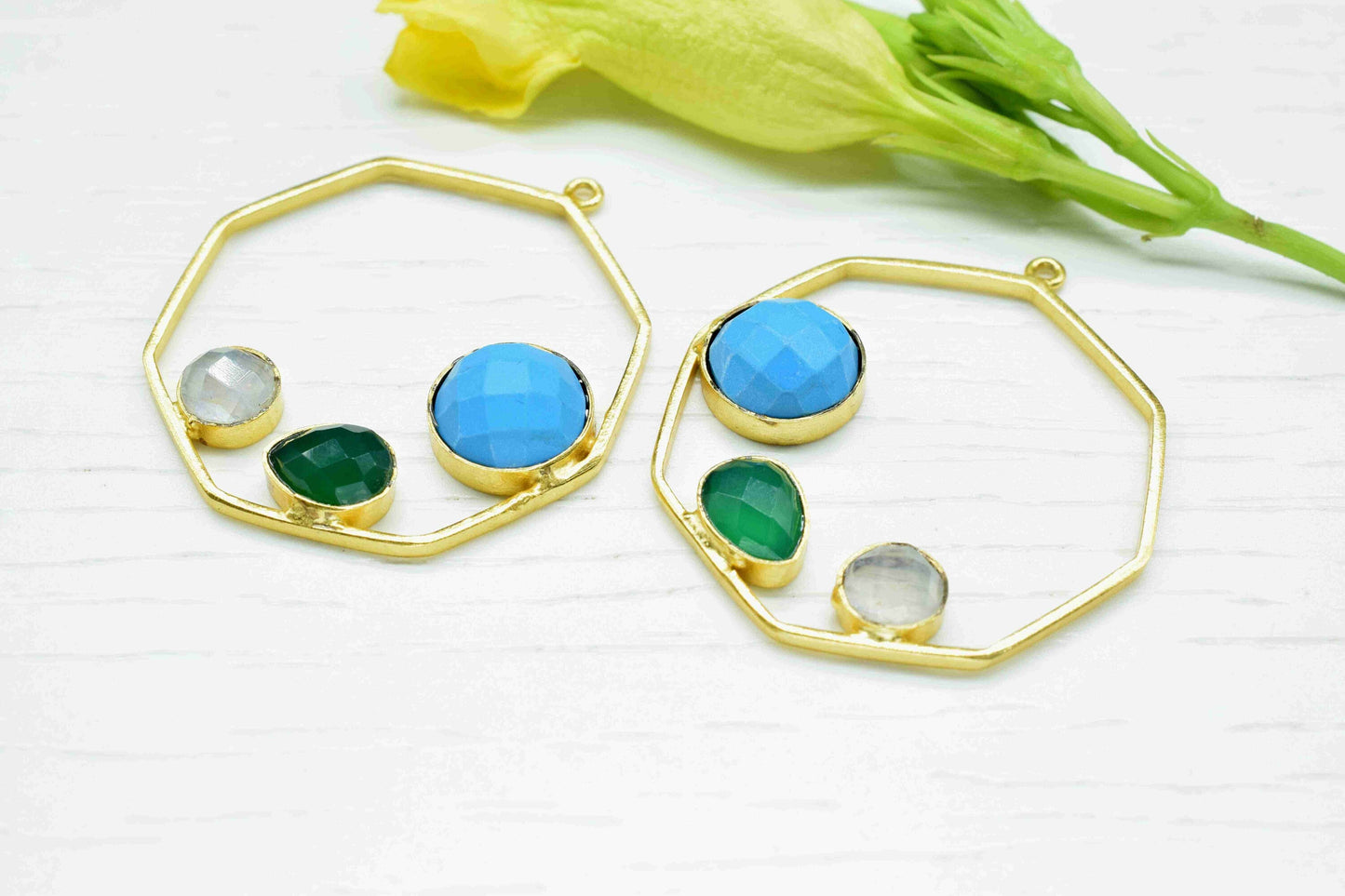 Multi Stone Turquoise Gemstone 10mm Round Shape Pendant,Green Onyx Pendant,Moonstone Faceted Gemstone,Finding Hexagon Shape Jewelry,Gift Her