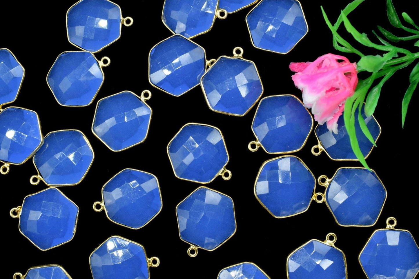 Blue chalceeony 16mm Hexagon Shape Pendant,Faceted Hexagon Shape Gemstone Bezel,Hexagon Pendants,Gold Plated Single Bail Gemstone Connector