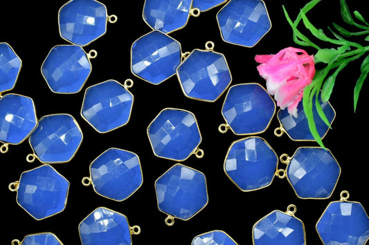 Blue chalceeony 16mm Hexagon Shape Pendant,Faceted Hexagon Shape Gemstone Bezel,Hexagon Pendants,Gold Plated Single Bail Gemstone Connector