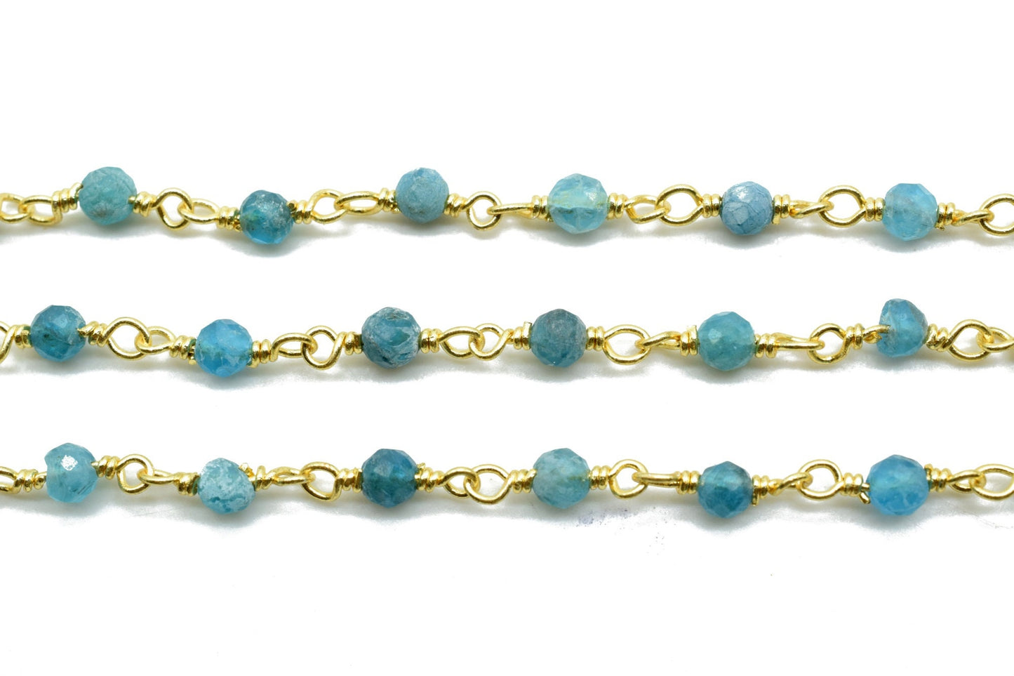 Apatite 3mm Beaded Chain,Apatite wire wrapped chain,Beaded chain,rosary chain,jewelry making supplies,Apatite Gold Plated Wire Wrapped Chain