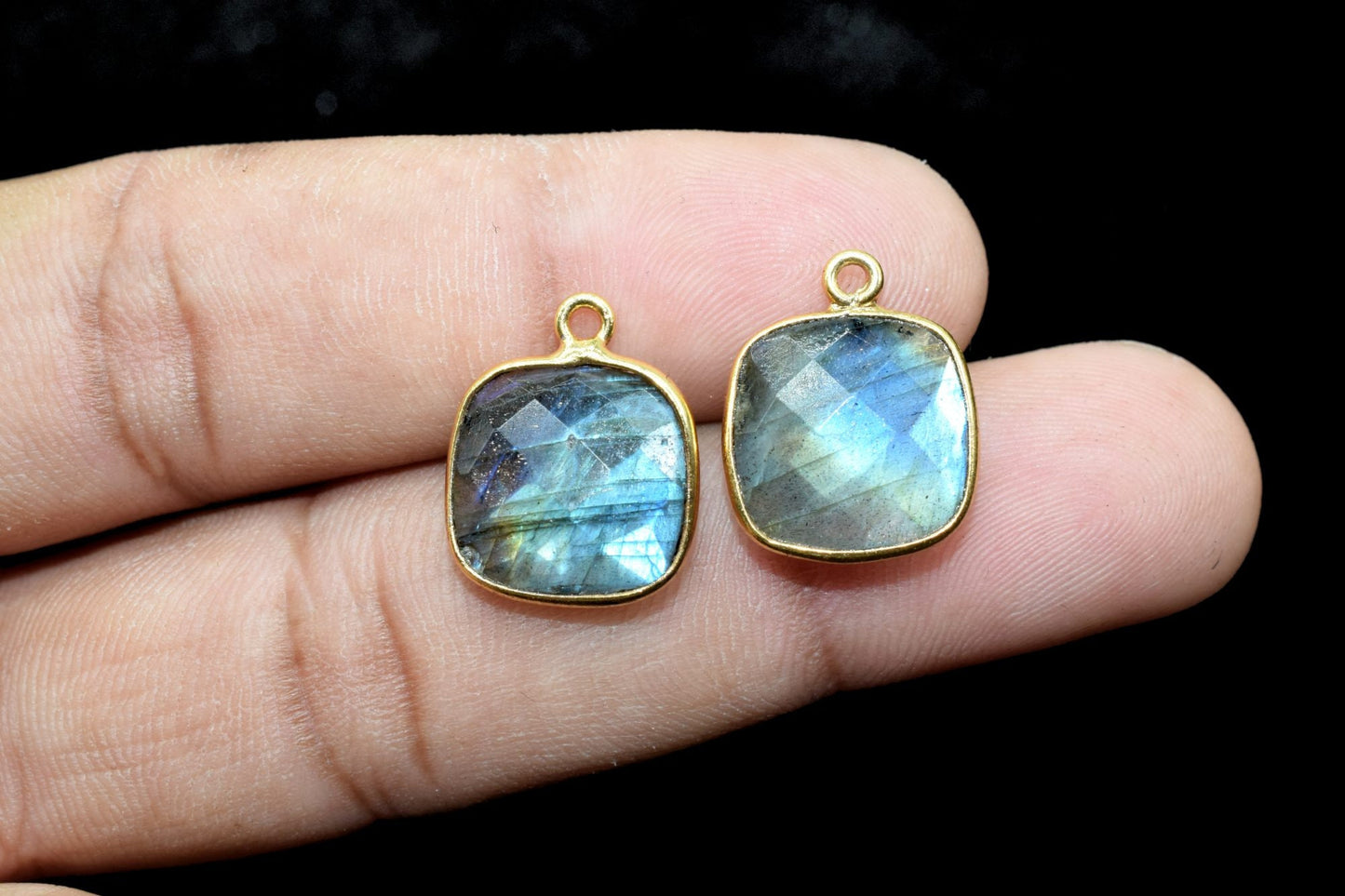 Blue Flash Labradorite 12mm & 14mm cushion shape single loop connectors,Brass Gold Plated bezels,Labradorite Pendants,Labradorite  bezels