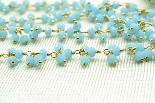 Aqua Chalcedony Cluster Rosary Chain,dangling Chain,Thick Chain, Gold Wire Wrapped Chalcedony Quartz Beaded chain,Flower Chain,Chain by foot