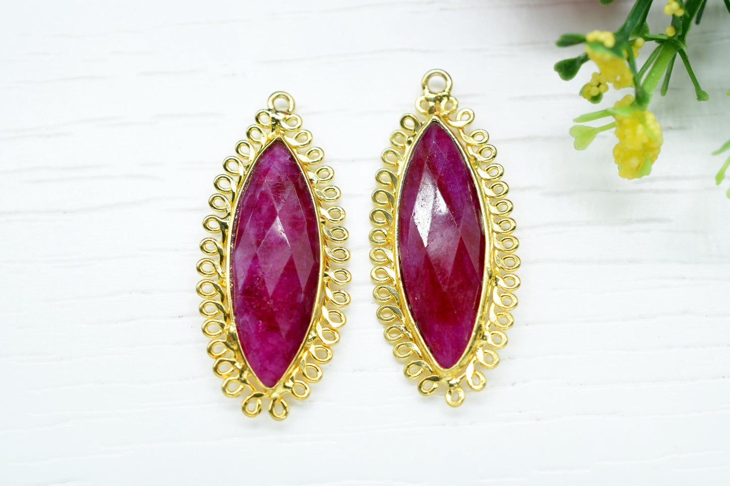 Natural Ruby 10x30mm Marquise Bezel Charm,Single Bail Pendant,Handmade Jewellery Connectors,long charm,Gemstone Brass Component,B'day Gift