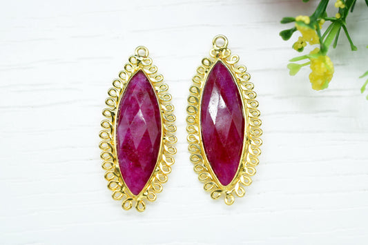 Natural Ruby 10x30mm Marquise Bezel Charm,Single Bail Pendant,Handmade Jewellery Connectors,long charm,Gemstone Brass Component,B'day Gift