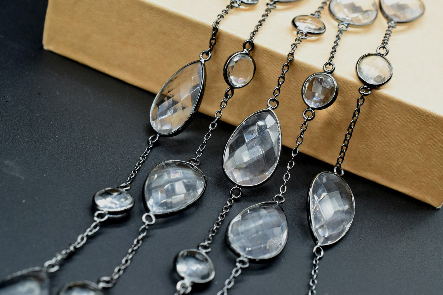 Crystal Bezel link Chain I Handmade Bezel Link Chain,Clear Quartz black rhodium Bezel Chain IBrass Chain,Gemstone Connector Chain Per Foot
