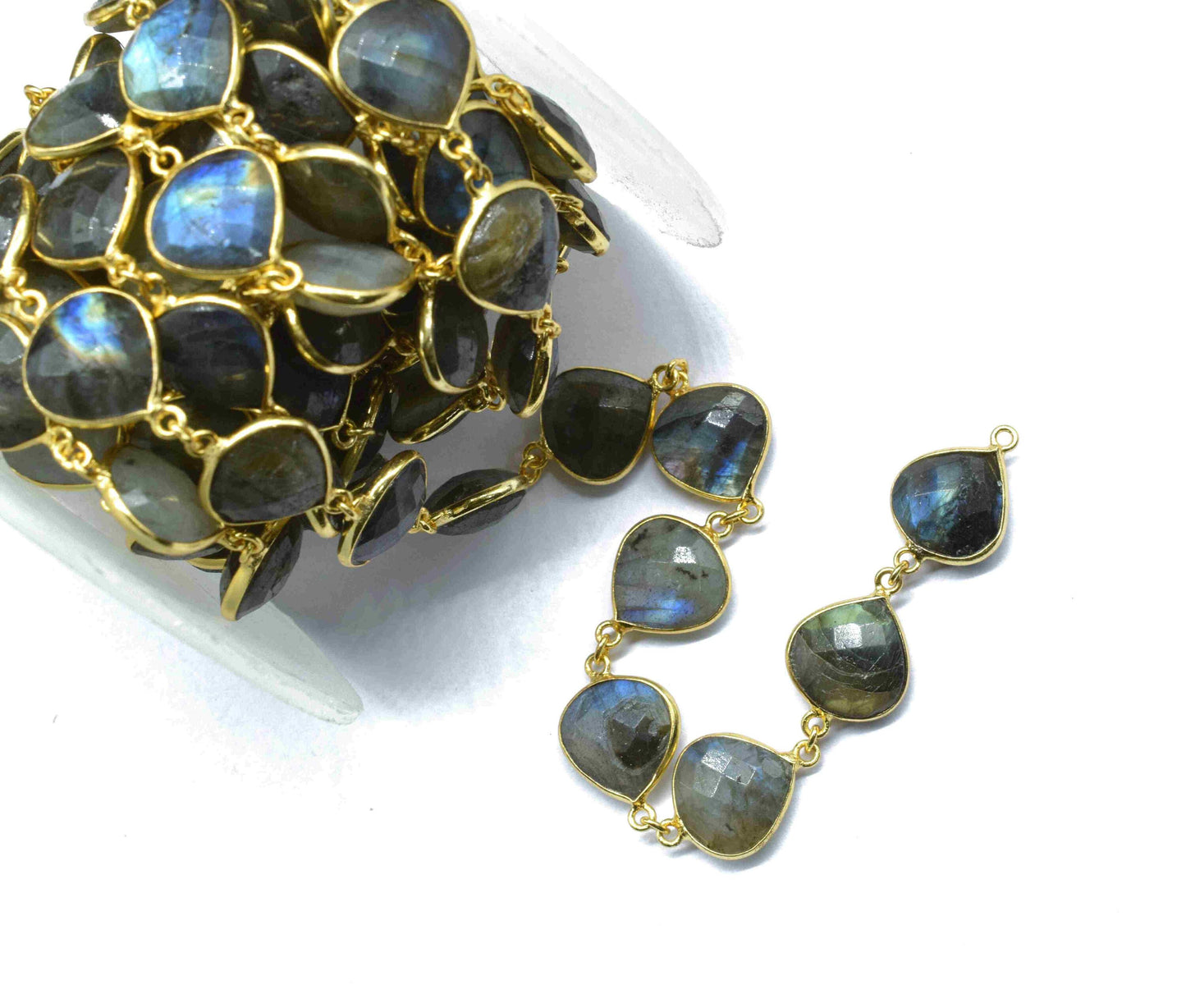 Labradorite Heart Shaped Faceted Bezel Connector Link Chain,Labradorite 12mm Heart Shape Bezel Chain,Natural Labradorite Bezel Jewelry Chain