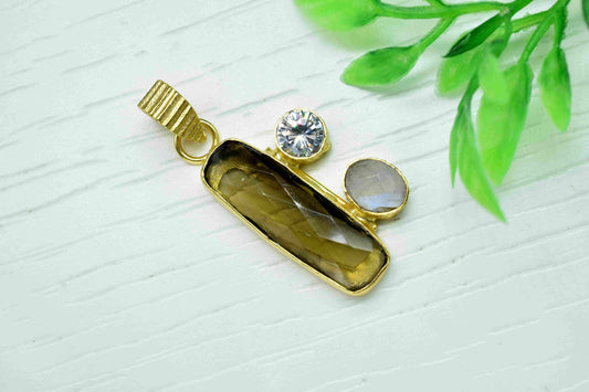 Multi Stone Pendant,Smoky Quartz Faceted Pendant,Multi Stone Smoky Quartz Jewelry,Gemstone Pendant,Loop Pendant Jewelry,Moonstone Jewelry