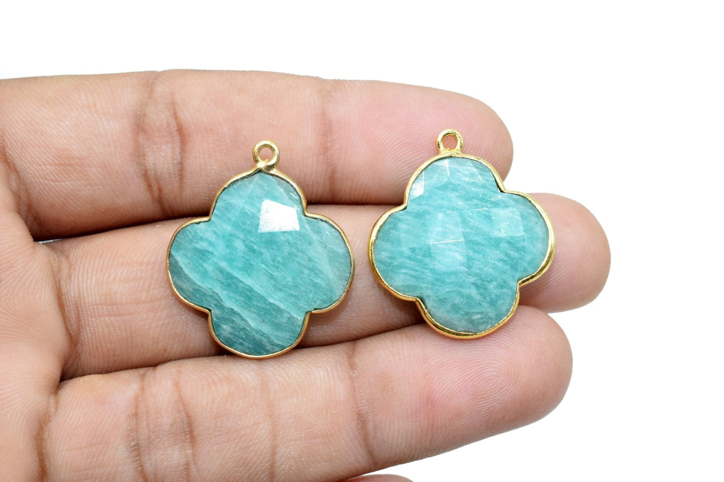 Amazonite 20mm Clover Shape Connector,Gold Plated Single Bail Gemstone Connector,Faceted Clover Shape Gemstone Bezel,Clover Charm Pendants