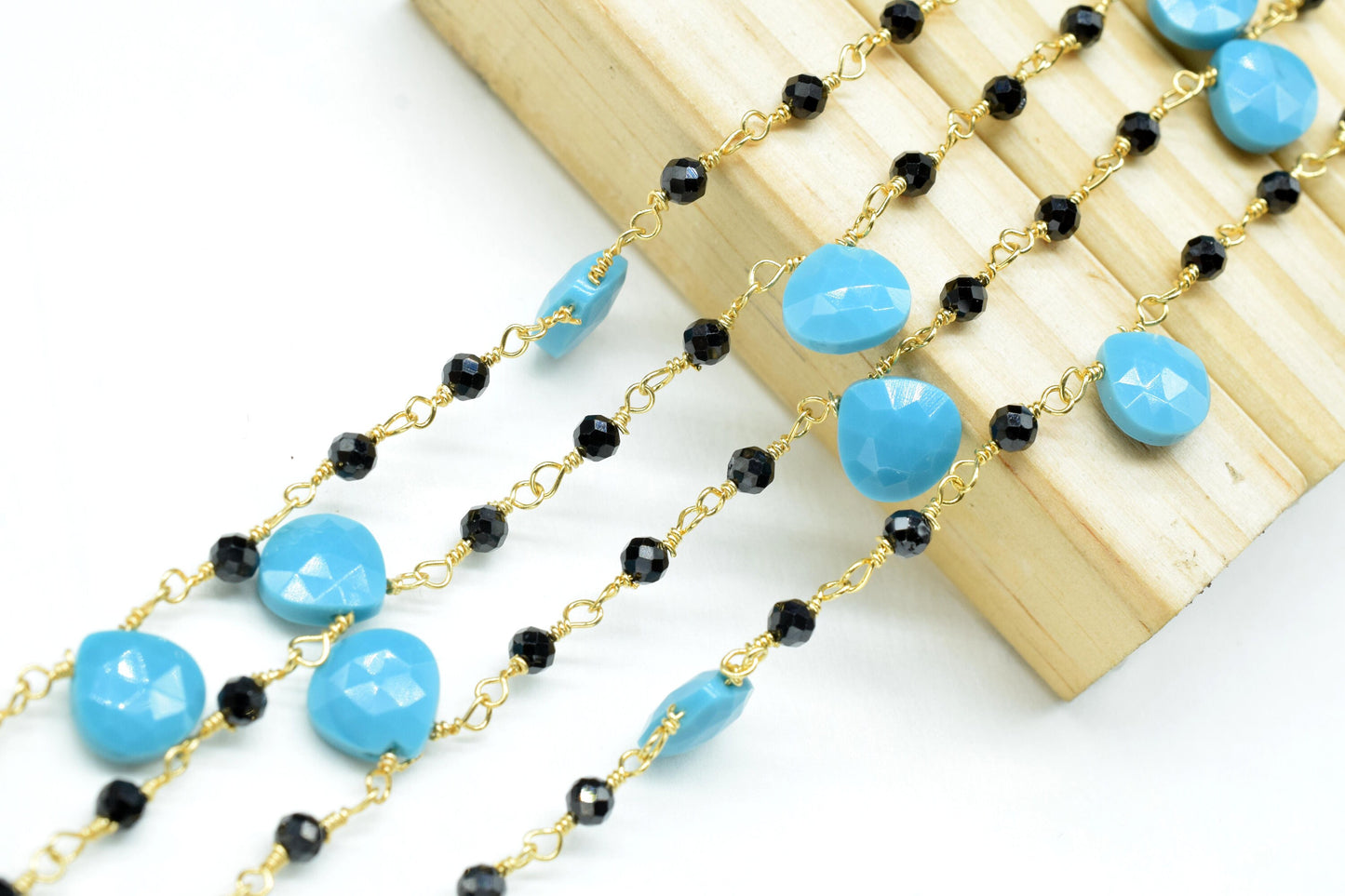 3-3.5 mm Black  Rosary Chain,Black Onyx Faceted Beaded Chain,Wire Wrapped Silver Plated Chain,turquoise briolette rosary ,dual gemstone ,