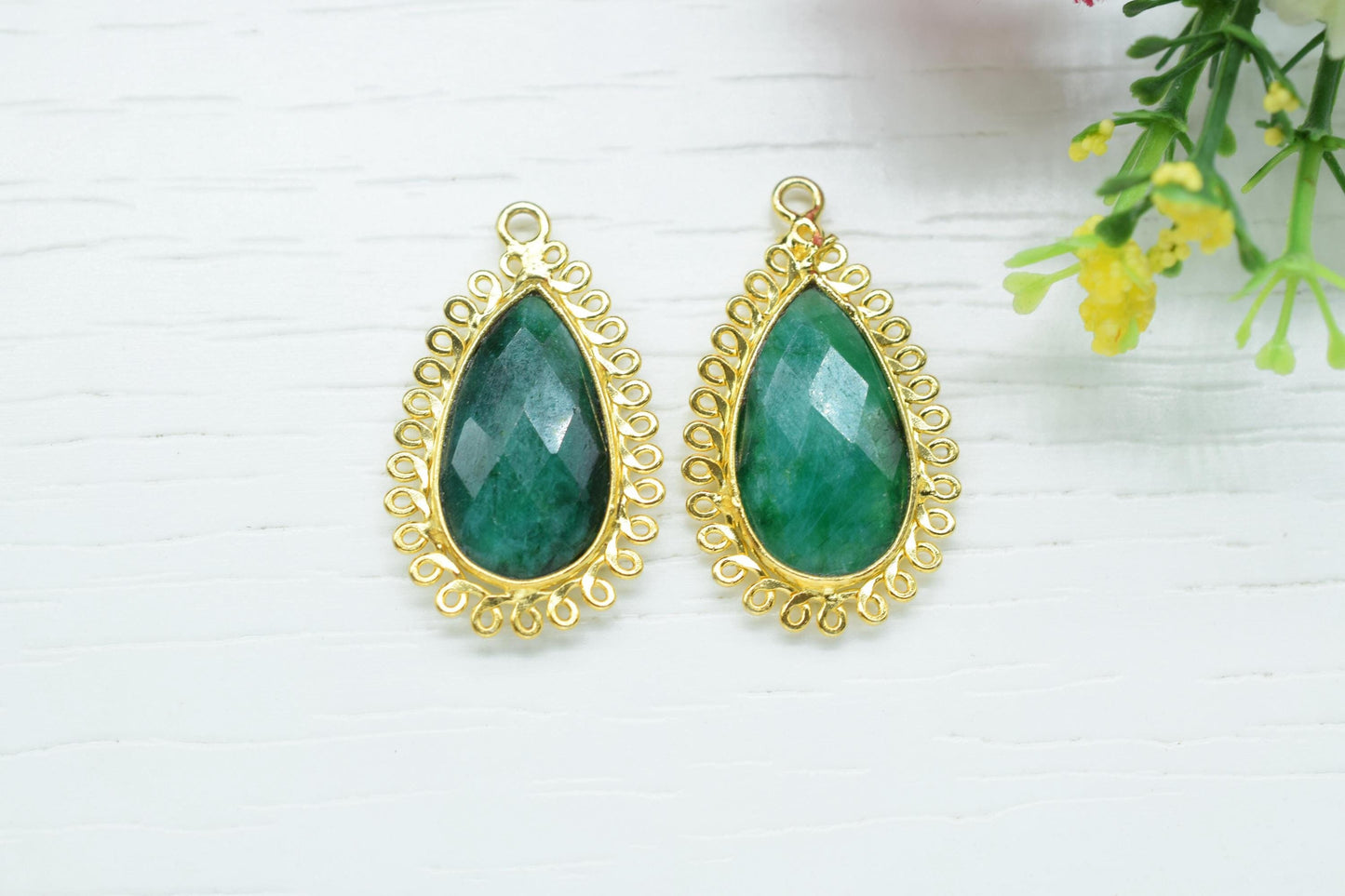 Emerald 12x20mm Teardrop Bezel Charms,Gemstone Brass Component,Wholesale Jewelry,Single Bail Pendant,Handmade Jewellery Connectors,Gift