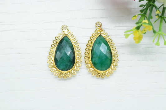 Emerald 12x20mm Teardrop Bezel Charms,Gemstone Brass Component,Wholesale Jewelry,Single Bail Pendant,Handmade Jewellery Connectors,Gift